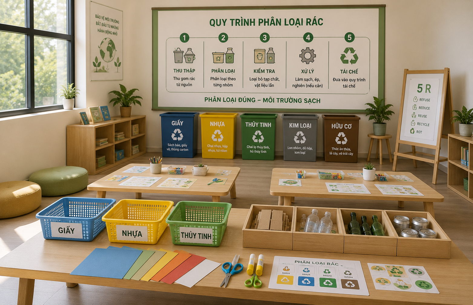 Phòng học của trung tâm môi trường với bàn và vật liệu cho buổi học trẻ em